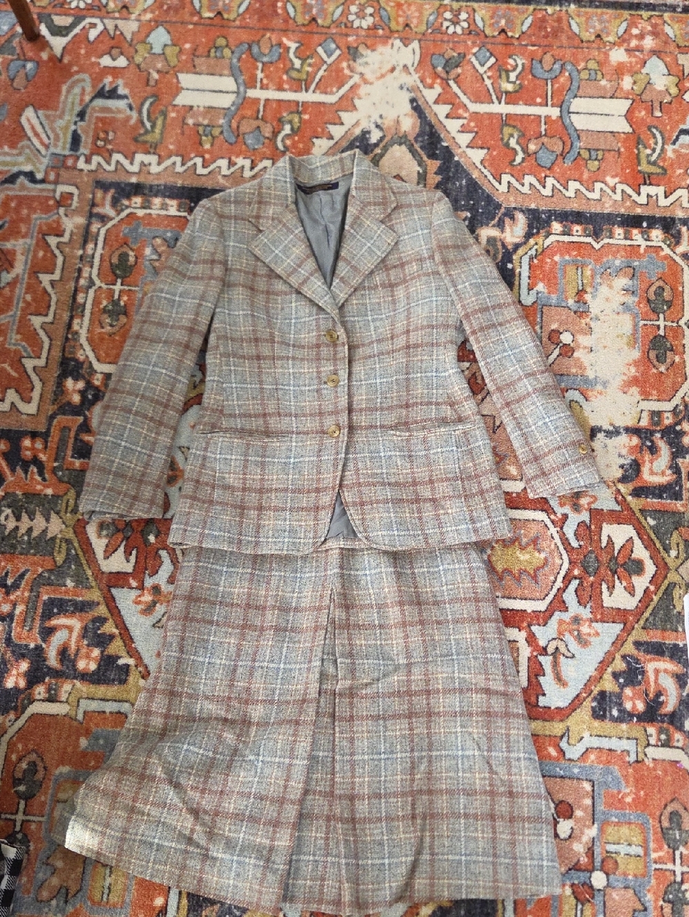 Brooks Brothers Plaid Blazer and Skirt Set in Beige, Brown and Blue